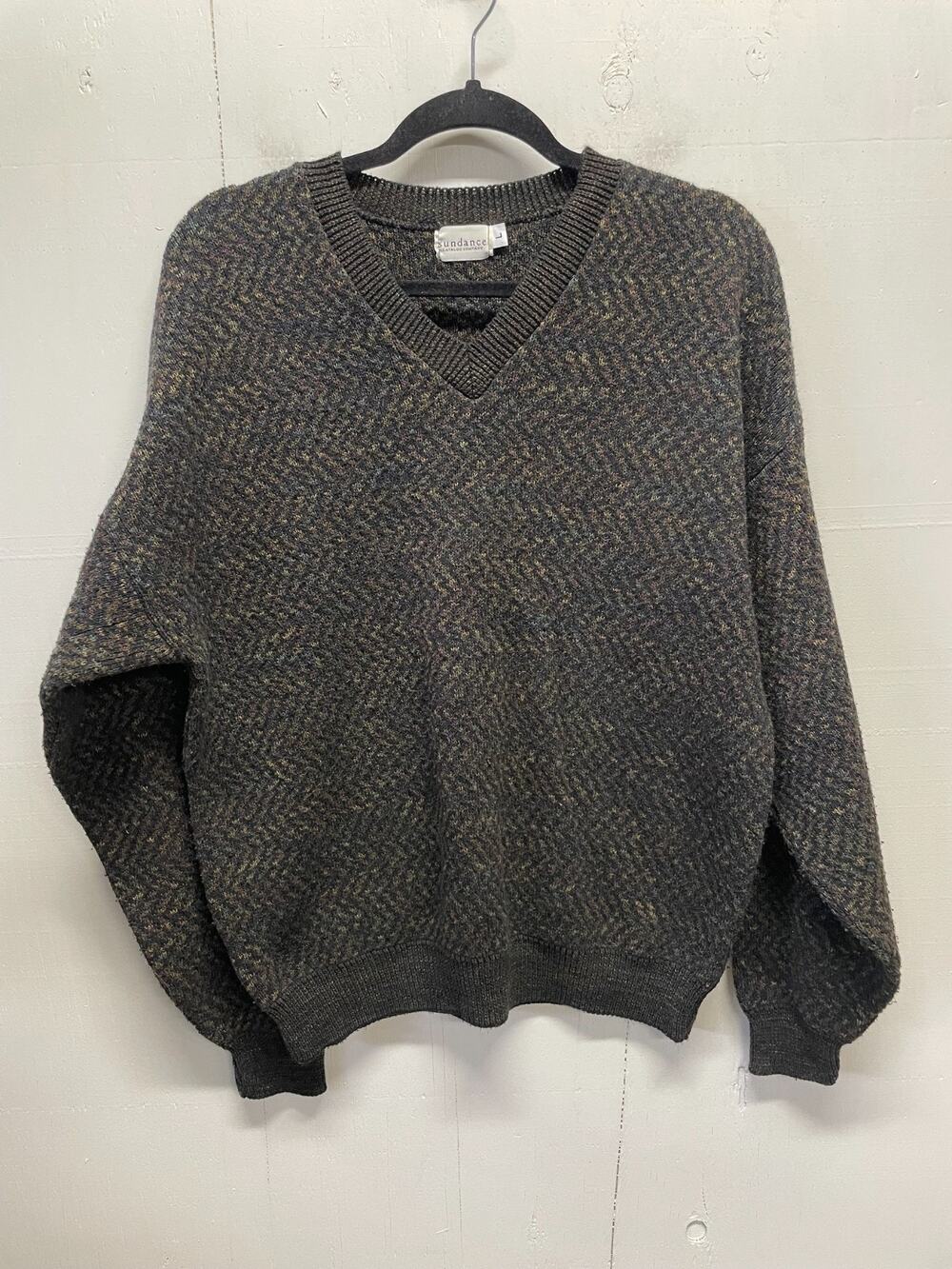 Sundance Men's Vintage V-Neck Large Sweater Textured Navy/Brown Herringbone Knit